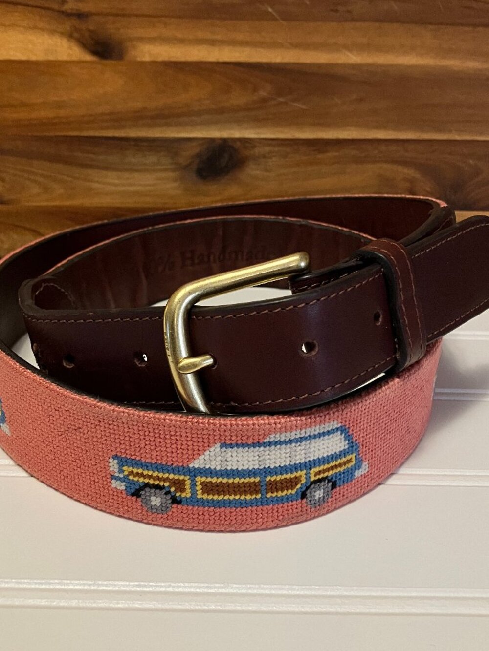 Harding Lane Jeep Grand Wagoneer Needlepoint Belt Pink Leather Brass
